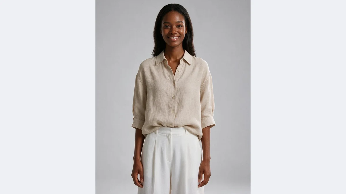 AI model localization demo: an East Asian model in a linen shirt swapped to an African model, outfit, pose and scene unchanged