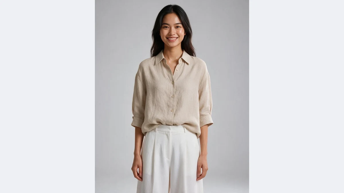 Only the model changes: linen shirt swapped to a Southeast Asian model, before and after