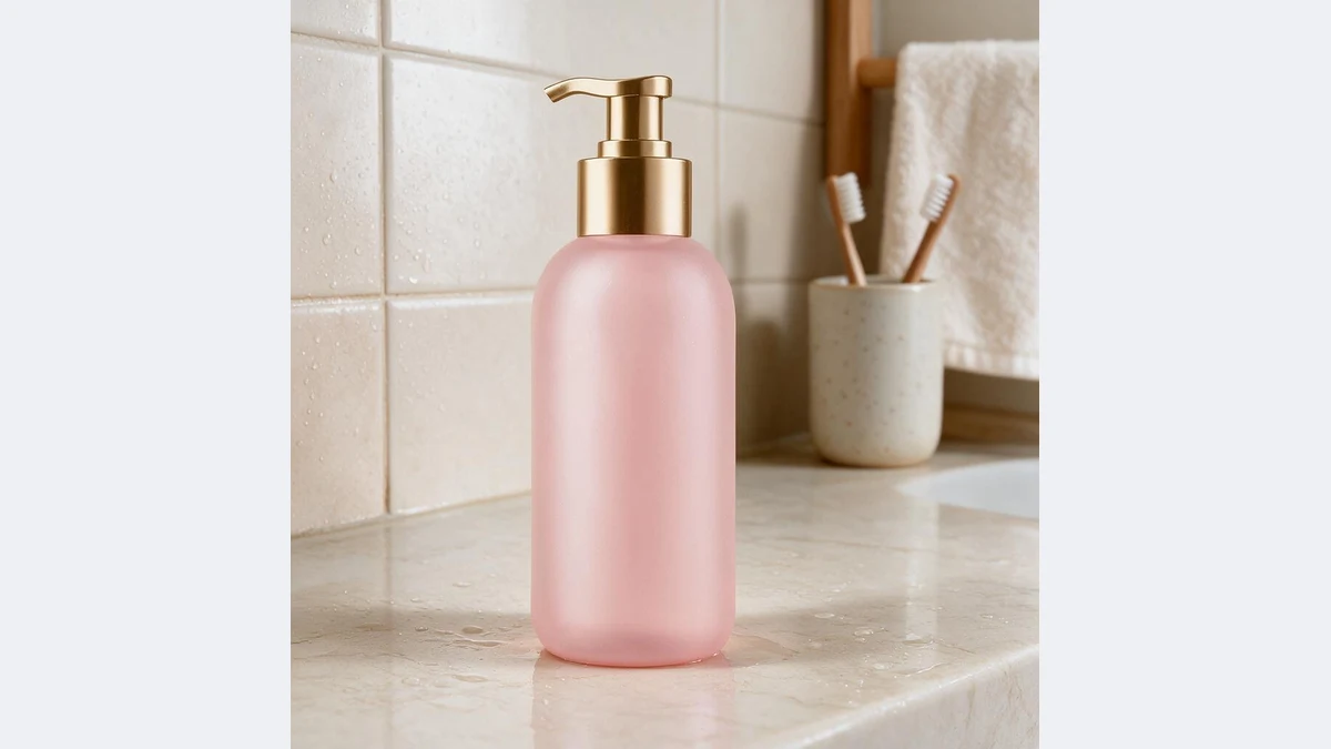 Product preserved: lotion bottle on a bathroom counter
