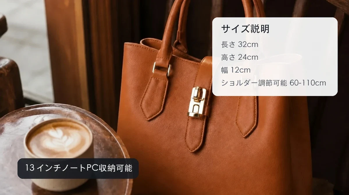 Size notes translated into Japanese: handbag before and after